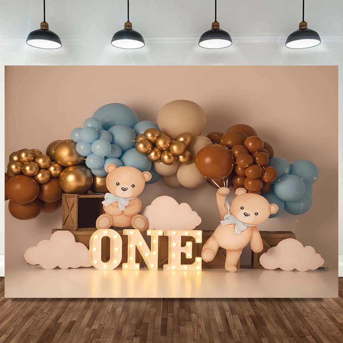One Year Old Birthday Backdrop Toys Bear Golden Balloons Children Portrait Photography Background Kids Baby Shower Cake Smash Banner Balloon Newborn
