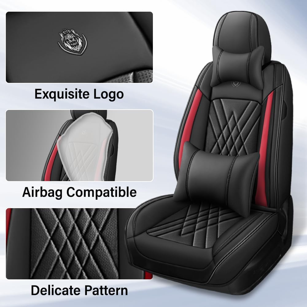 Car Seat Covers Fit for Honda Accord 1999-2025 Airbag Compatible 360° Full Wrapped Set Covers Premium Nappa Leather Storage Pocket Zipper Design, Black Red, Full Set with Pillow