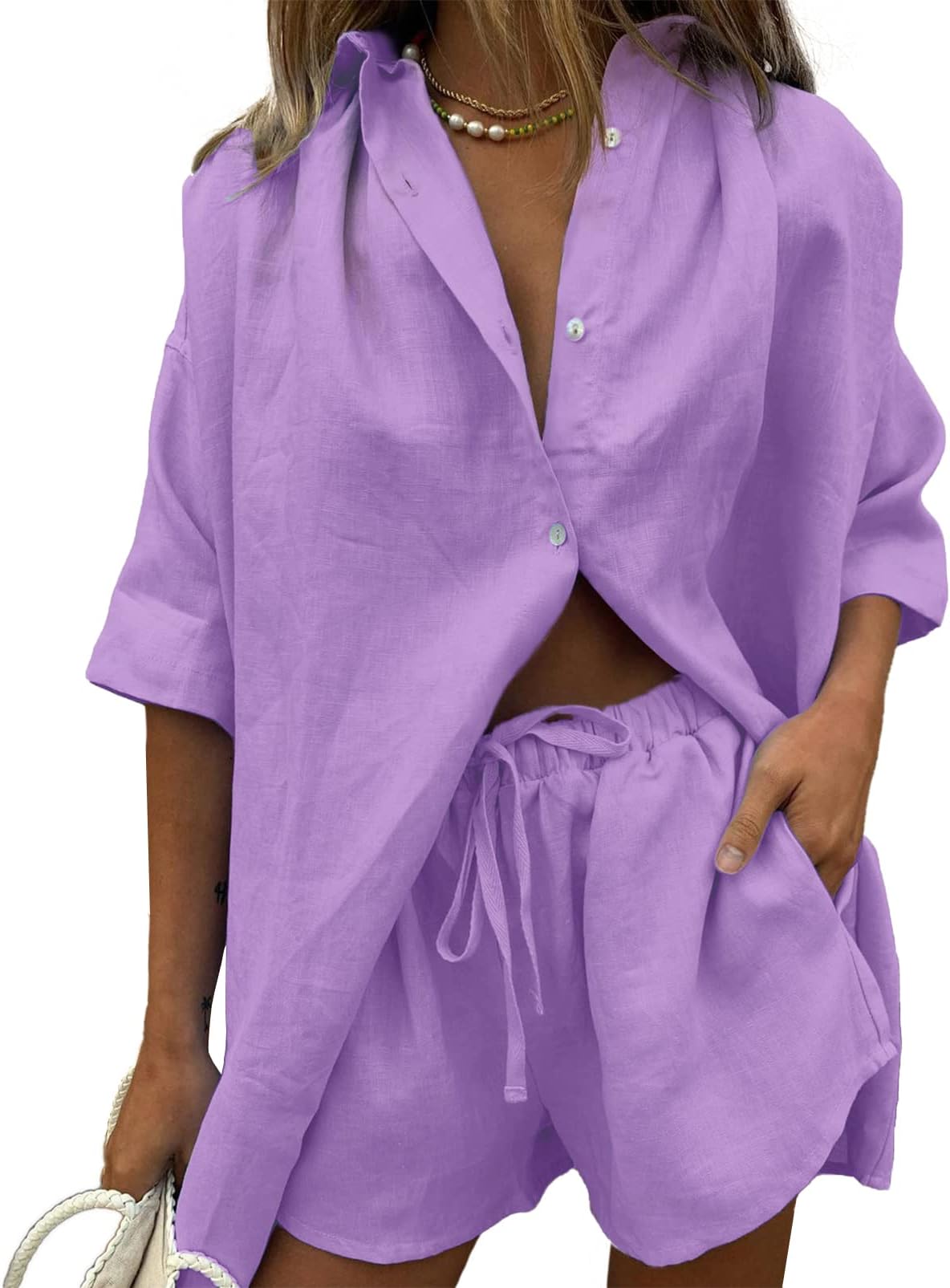 N\PNP Women Casual 2 Piece Set Summer Short Sleeve Top and Shorts Outfits Solid Color Button-up Shirts Tops Drawstring Linen Shorts - M