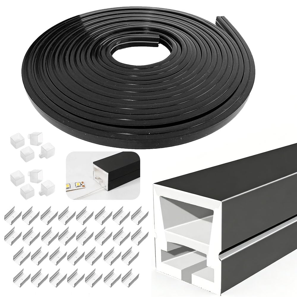 Profilo LED nero, 10 m, striscia LED in silicone flessibile, canale LED 12 × 12 mm, impermeabile IP65, tappi terminali e clip di montaggio, illuminazione al neon fai da te per soffitti
