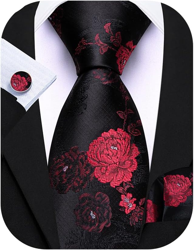 Barry.Wang Flower Ties for Men Silk Woven Floral Tie Sets Necktie Handkerchief Cufflinks Wedding Party