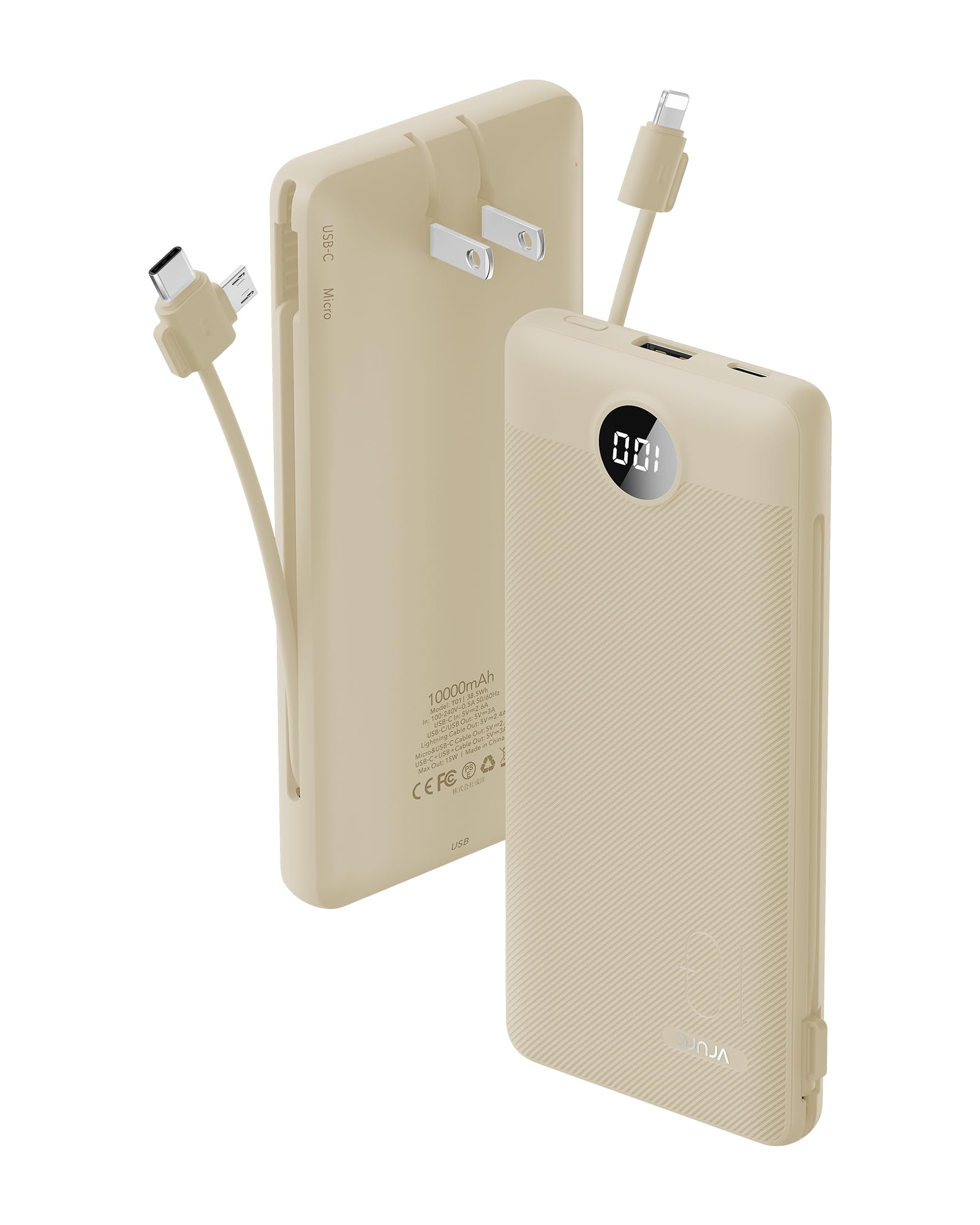 Portable Charger Built-in Cables and AC Wall Plug USB C Power Bank 10000mAh Travel Battery Portable Phone Charger