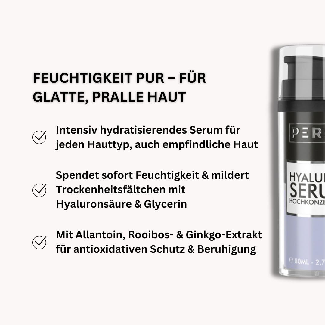 PERSH Hyaluron Serum 80ml - Sofort-Lifting-Effekt für straffe, jugendliche Haut | Feuchtigkeits-Boost mit hochkonzentrierter Formel | Reduziert feine Linien | 100% Vegan