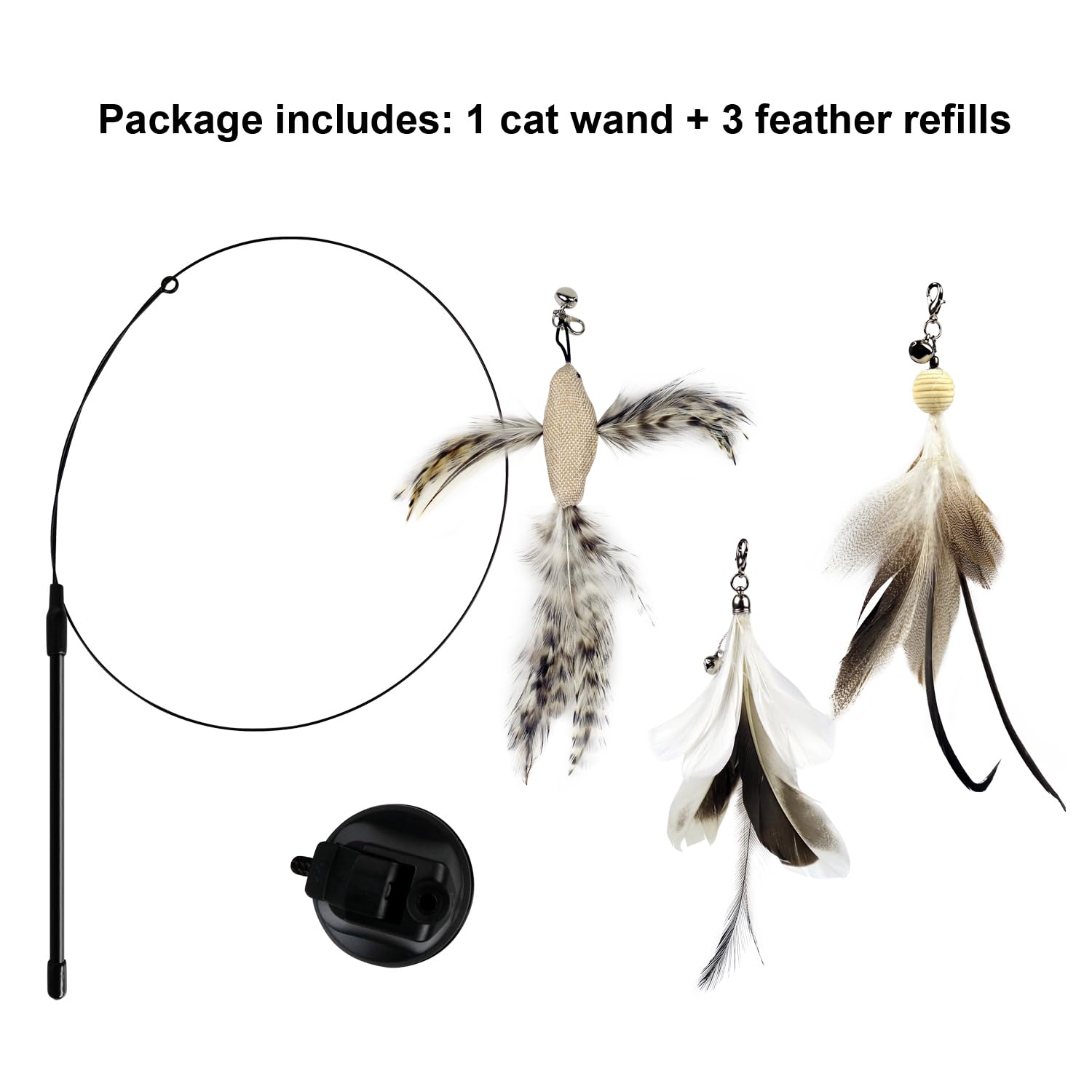 TTcat Cat Wand Toys with Suction Cup, Interactive Bird Simulation Cat Toy Set,Cat Teaser Cat Toys,Flexible Steel Wire and 3Pcs Replacement Feather Refills with Bells.