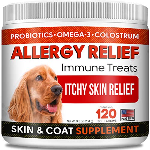 STRELLALAB Allergy Relief Chews for Dogs with Omega 3 + Probiotics + Colostrum - Itchy Skin Relief Immune Supplement - Skin & Coat Health - Digestion Support - Made in USA - Anti Itch & Hot Spots