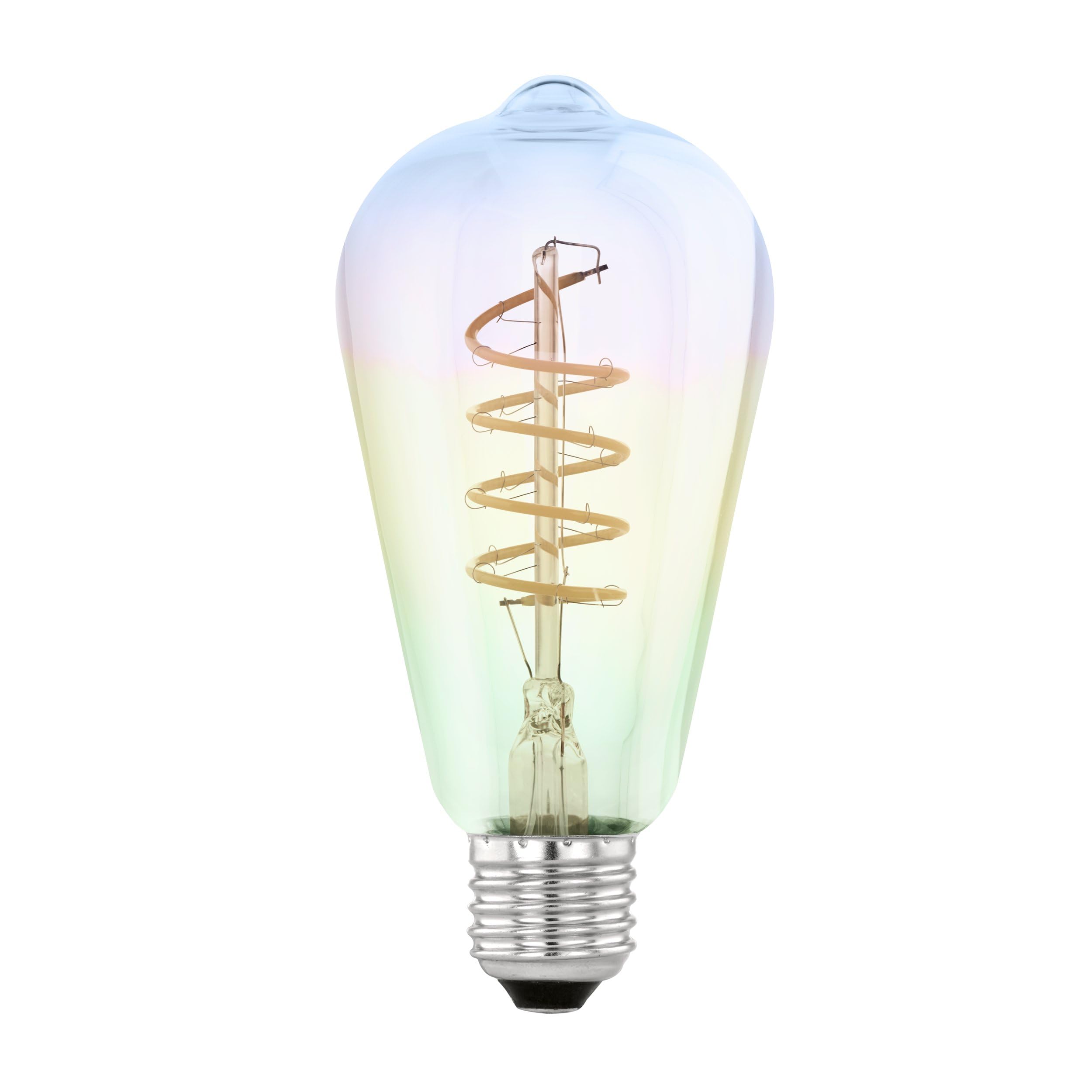 Eglo Dimmable Iridescent E27 LED, Multicoloured Spiral Filament Light Bulb, Piston-Shaped Edison lamp in Rainbow Colours, 4 watt, 200 Lumen, Warm White Glow, 2000 Kelvin, ST64, Ø 2.5"