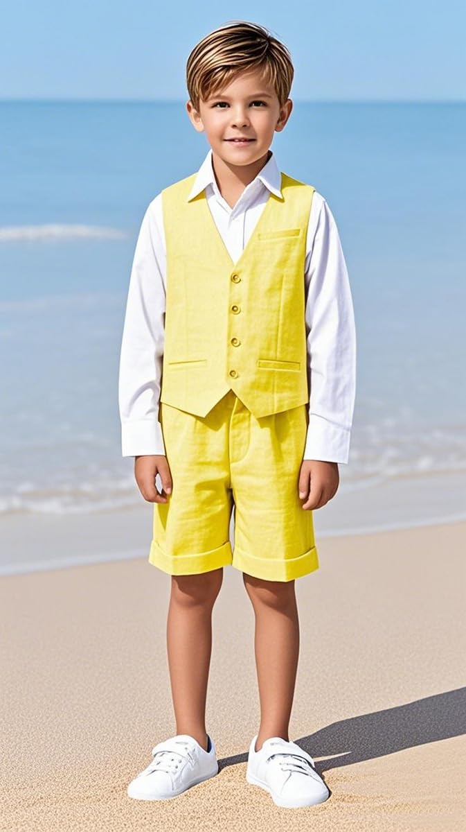 Traje de lino de 2 piezas para niños, chaleco y pantalones cortos, verano, playa, boda, esmoquin, traje formal para portador de anillos, azul real, 10 años