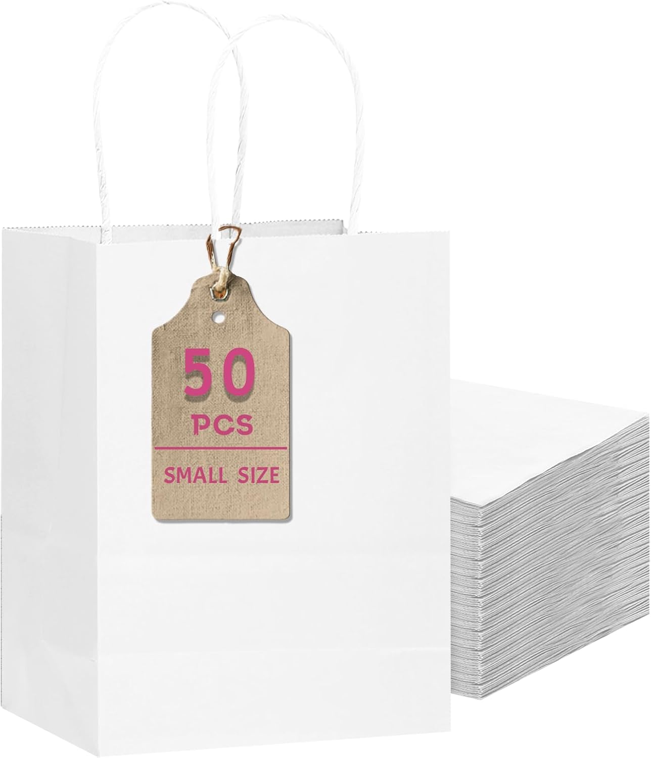 qiqee 50-Packs White Paper Gift Bags with Handles Bulk 8.3"x3"x 6" Small Size Paper Bags Multiple Uses(Small Size)