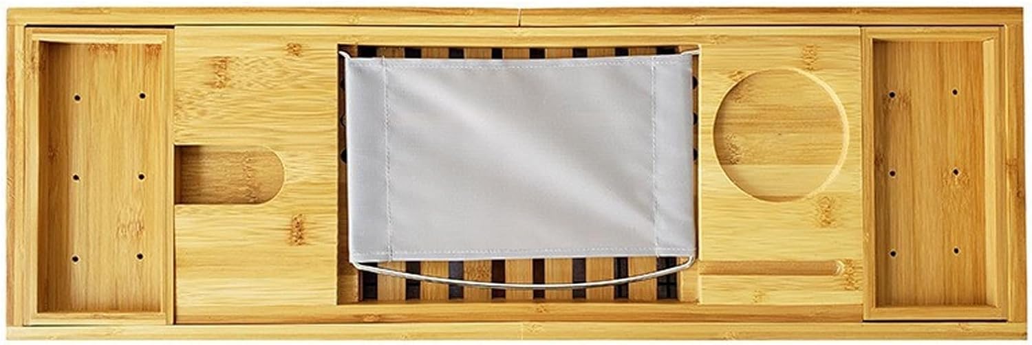 Bathtub Tray Caddy, Bamboo Bath Tub Tray Table for Tub with Wine Glass Holder Book Phone Tablet Holder, Non-Slip Handle Design Adjustable Bath Shelf Multi-functional Bathroom Organizer B