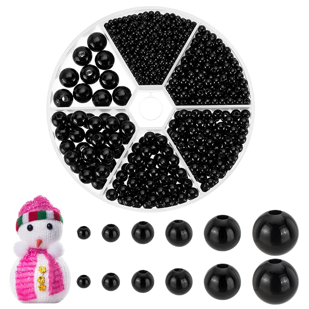 1070pcs Black Beads 3/4/5/6/8/10mm Black Eyes Beads Smooth Craft Bead Round Spacers Embroidery Bead for DIY Jewellery Making Crafting Eyes Knitting Decorations
