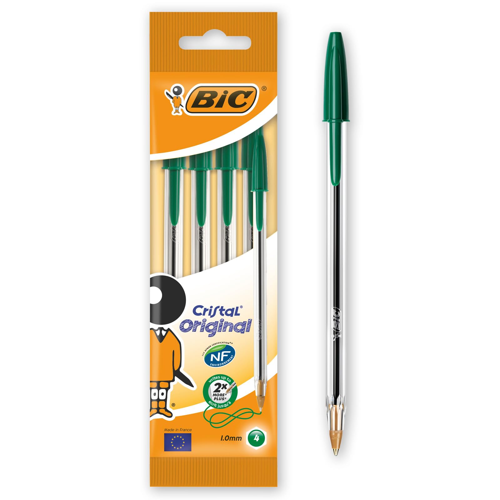 Lot De 3 Stylos Bille BIC CRISTAL FINE - Pointe Fine 0,8 Mm - Encre Verte - Corps Orange Transparent