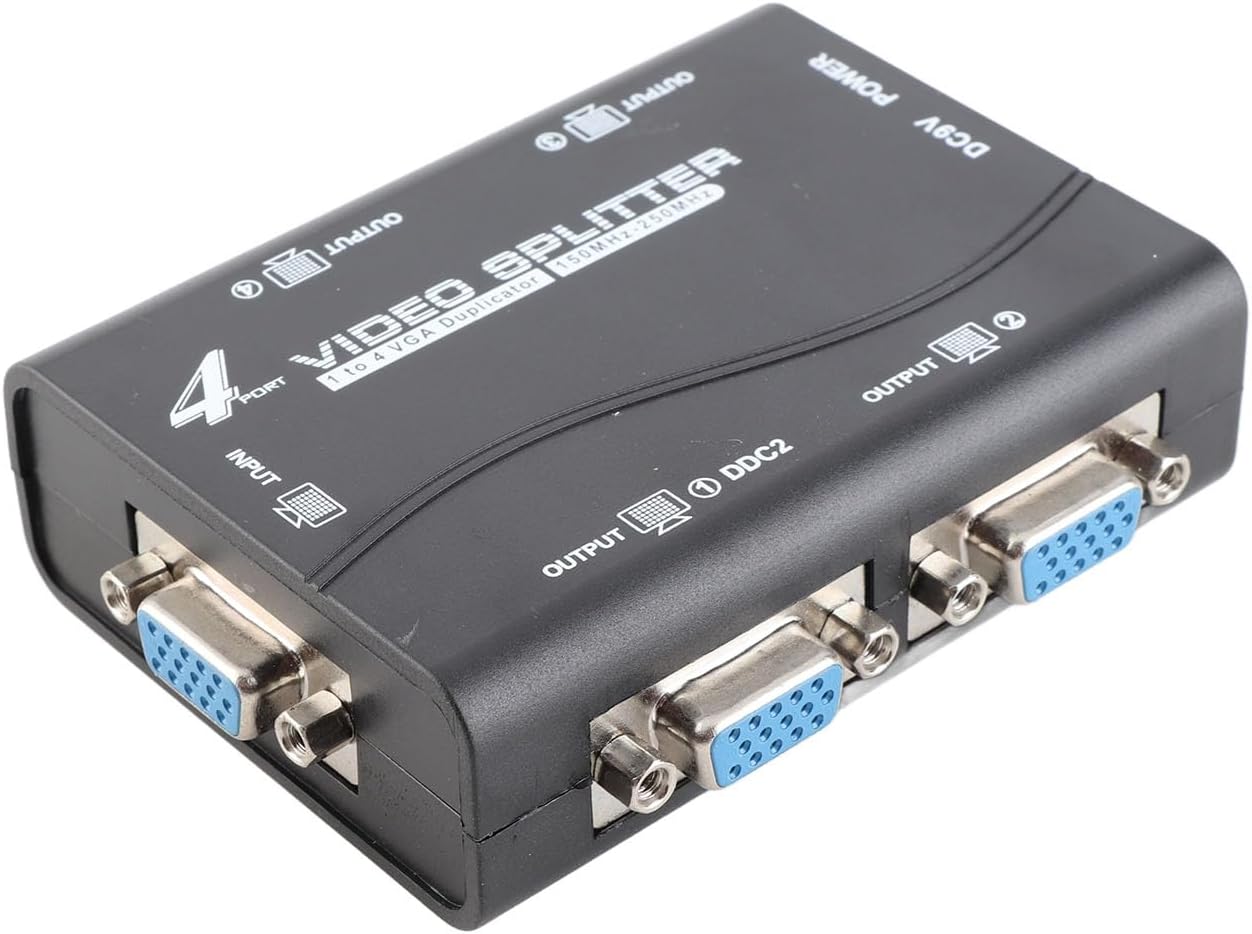 VGA Splitter Amplifier Box, 4 Port Powered 1 in 4 Out 250Mhz Video Distribution Duplicator, 1920x1440 HD Video Splitter with DDC Function, for Laptop Projector TV
