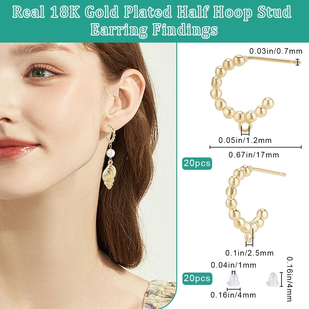 Beebeecraft 1 Box 20Pcs Half Hoop Earring Findings 18K Gold Plated Bead Stud Earring with Loop and Ear Nuts for Jewelry Making DIY