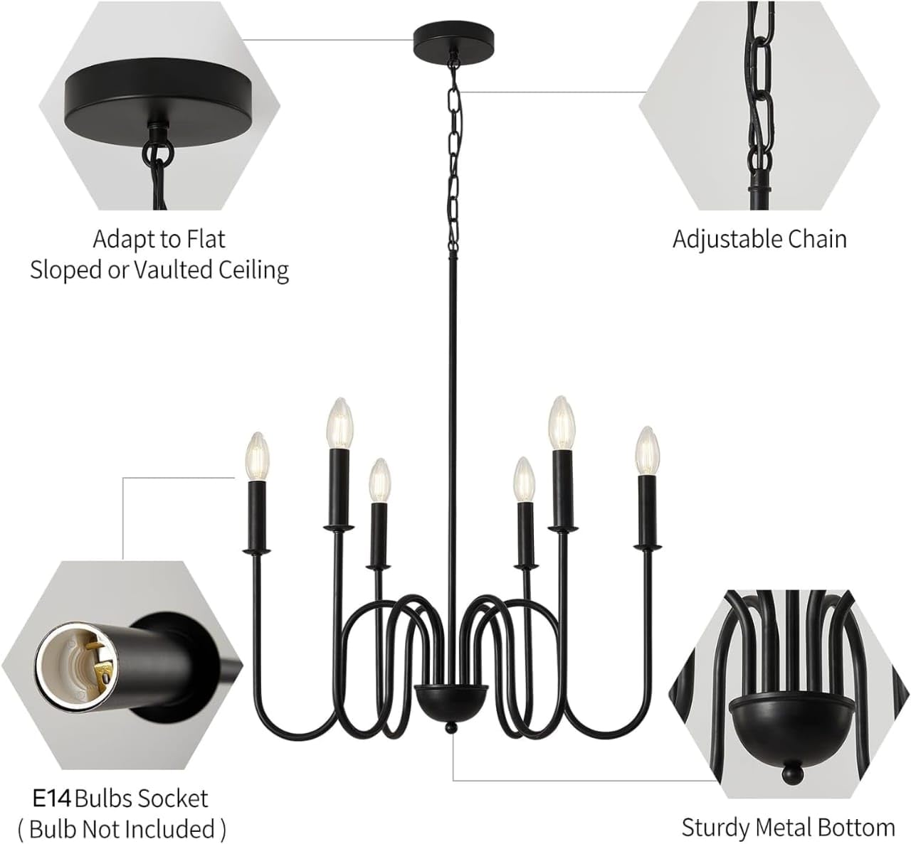 WOKE Black Metal Chandelier - 6 Light Modern Lamp -2