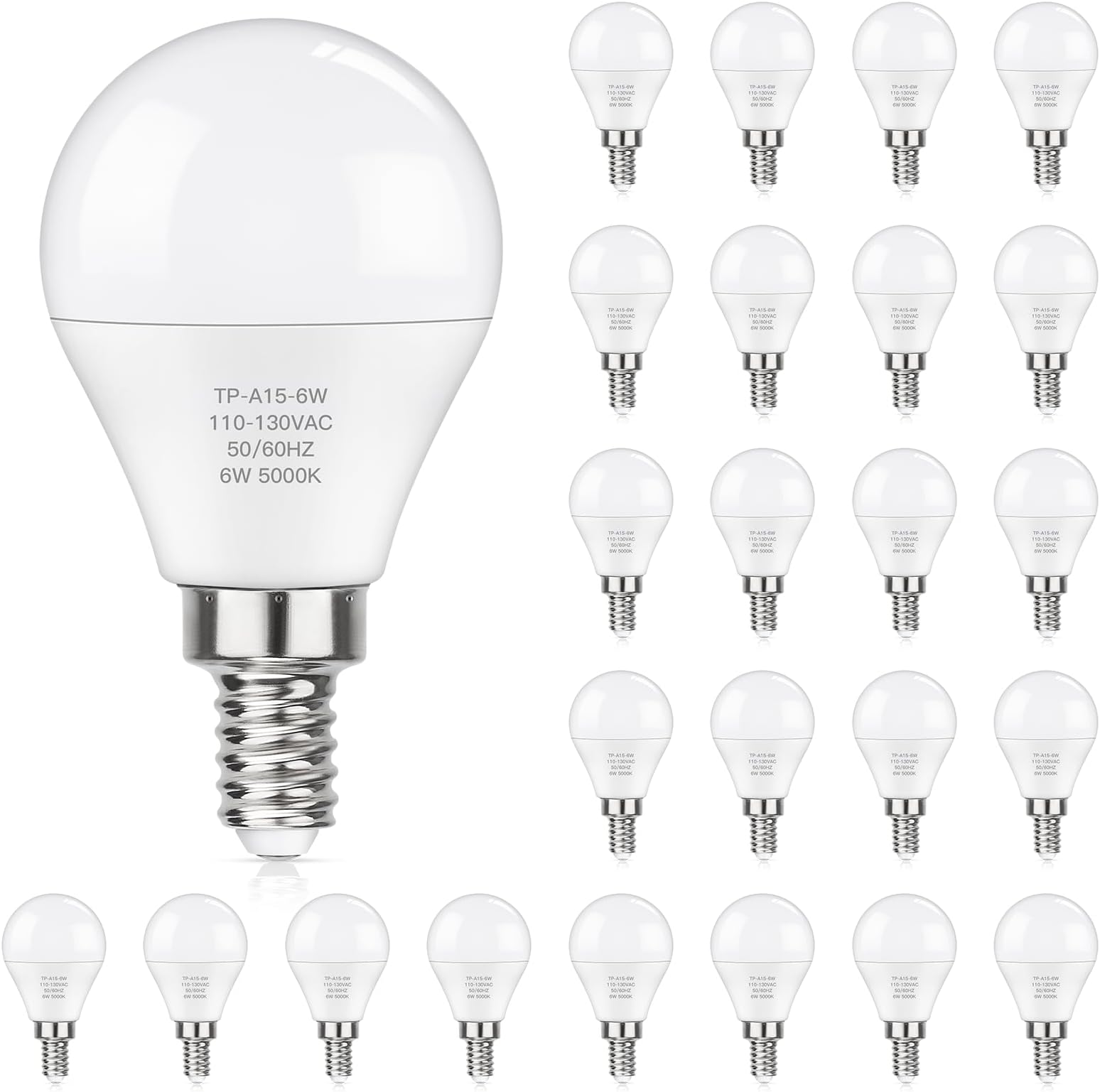 MAXvolador E12 LED 60W Equivalent Daylight White 5000K Ceiling Fan Bulbs, 600LM CRI 85+ Small Base Candelabra Bulbs, 6W Non-Dimmable, Pack of 24