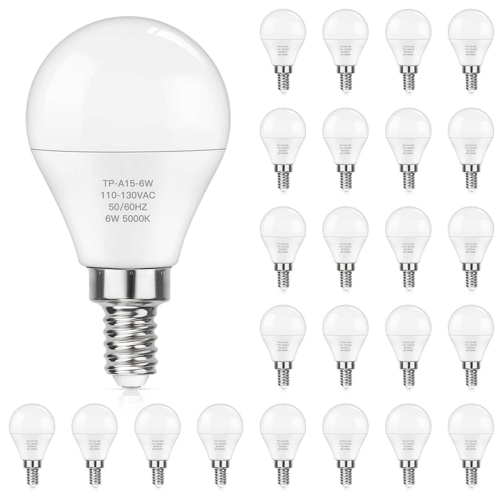 MAXvolador E12 LED 60W Equivalent Daylight White 5000K Ceiling Fan Bulbs, 600LM CRI 85+ Small Base Candelabra Bulbs, 6W Non-Dimmable, Pack of 24