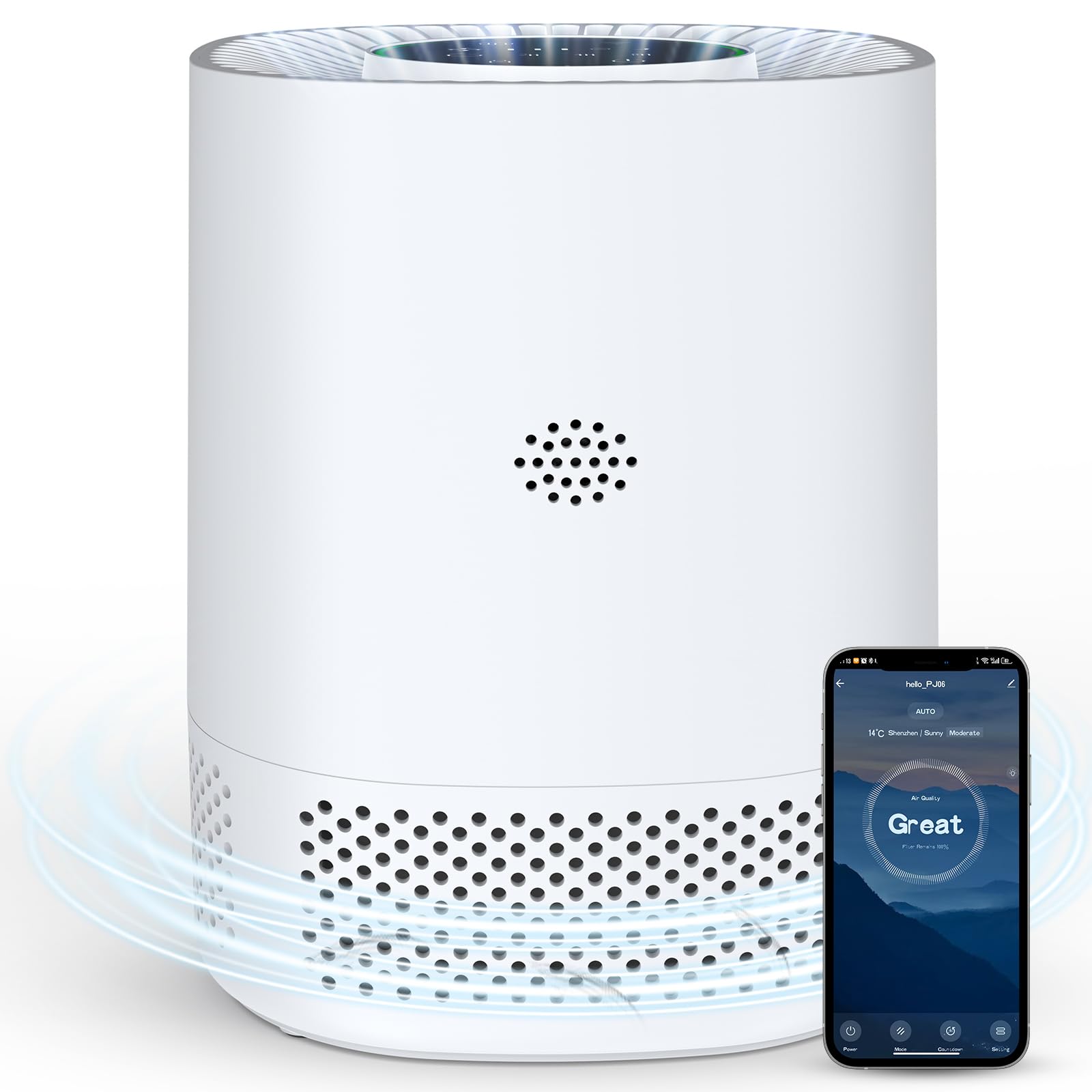 Purificador de aire inteligente USB‑C, Filtro HEPA 3‑en‑1, 3 velocidades, modo sueño, bloqueo infantil, temporizador 2/4/8h, purificador compacto para dormitorio, oficina, coche, blanco