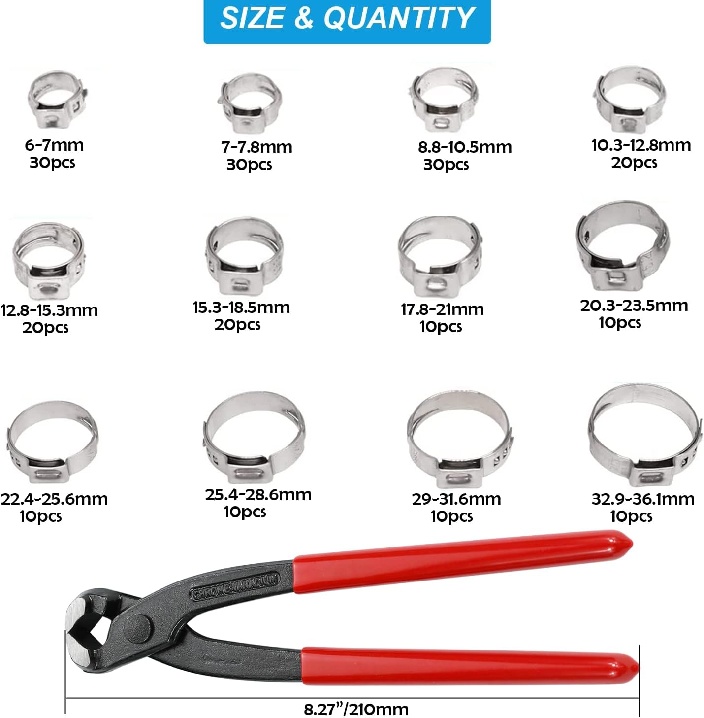 210pcs Single Ear Hose Clamp with Pincers Crimper Tool&6 Pack 17-19mm T-Bolt Hose Clamp