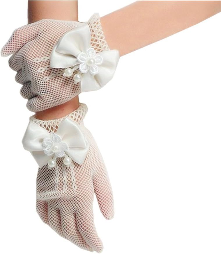 Wedding Flower Girls Mittens Pearl Bow Tie Fish Net Gloves- White