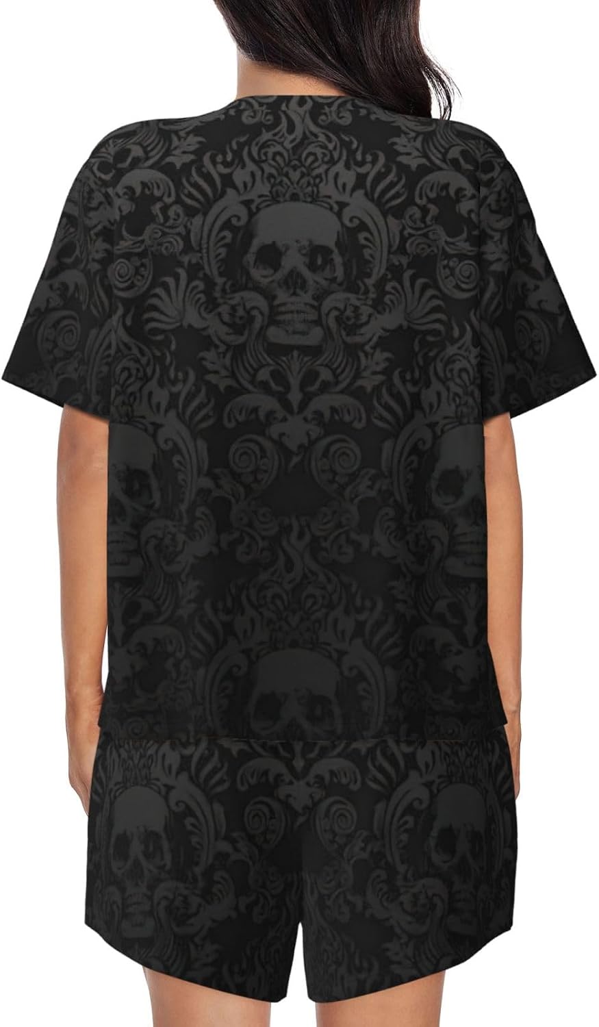 Gothic Wallpaper Skull Print Cute Short Sleeve Pajama Set For Women Casual Loungewear With Pockets Four Seasons