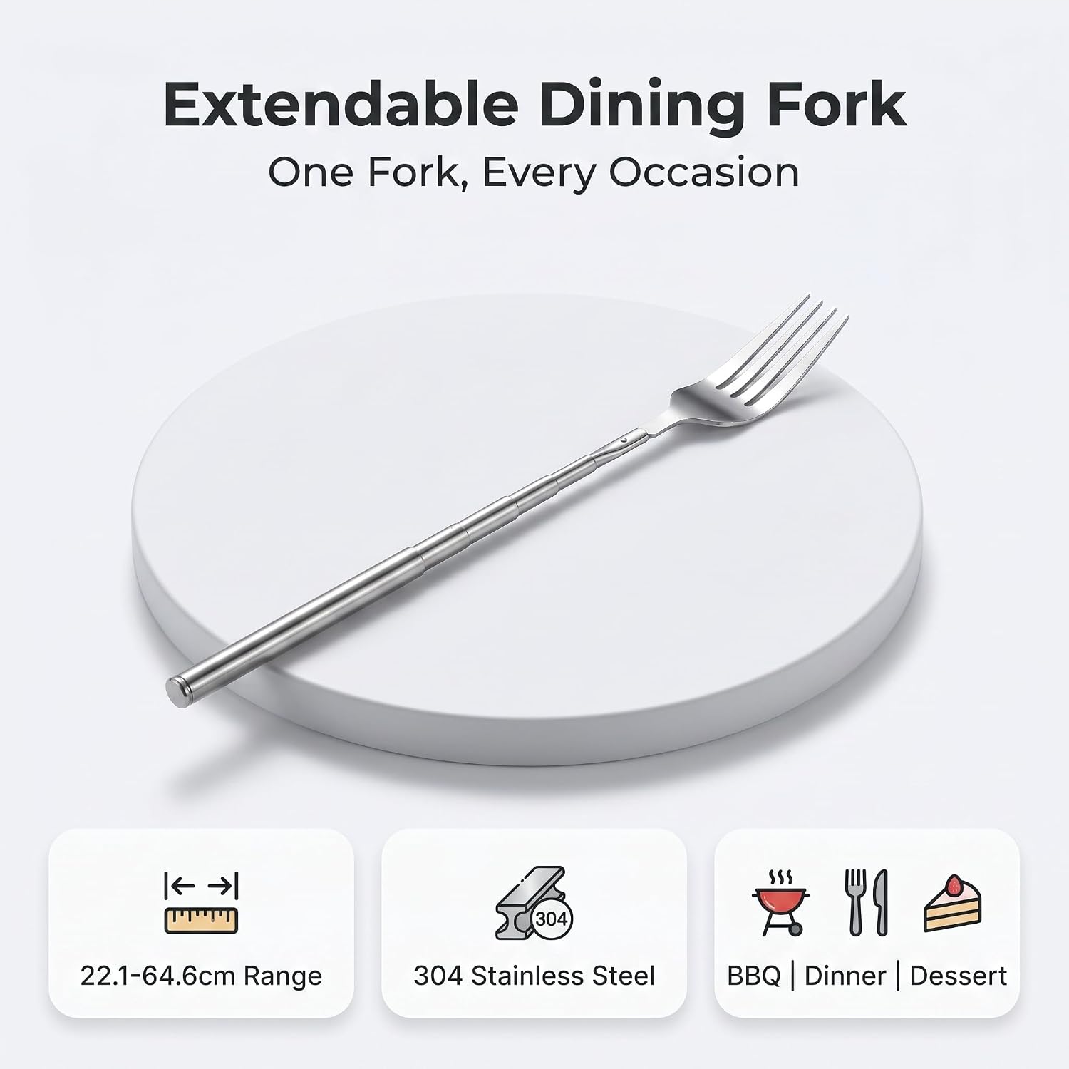 Luqeeg Extendable Fork, Telescopic Dinner Forks, 304 Stainless Steel Serving Utensil for BBQ, Dessert, Fruit, Kitchen, 8.7-25.4 Inch Adjustable, Silver