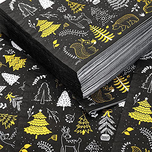 Whaline 80 Pack Christmas Paper Napkins 6.5 X 6.5" Xmas Tree Cocktail Napkins Disposable Black White Gold Party Beverage Napkins For Christmas New Year Winter Holiday Dinner Party Supplies #TOP3