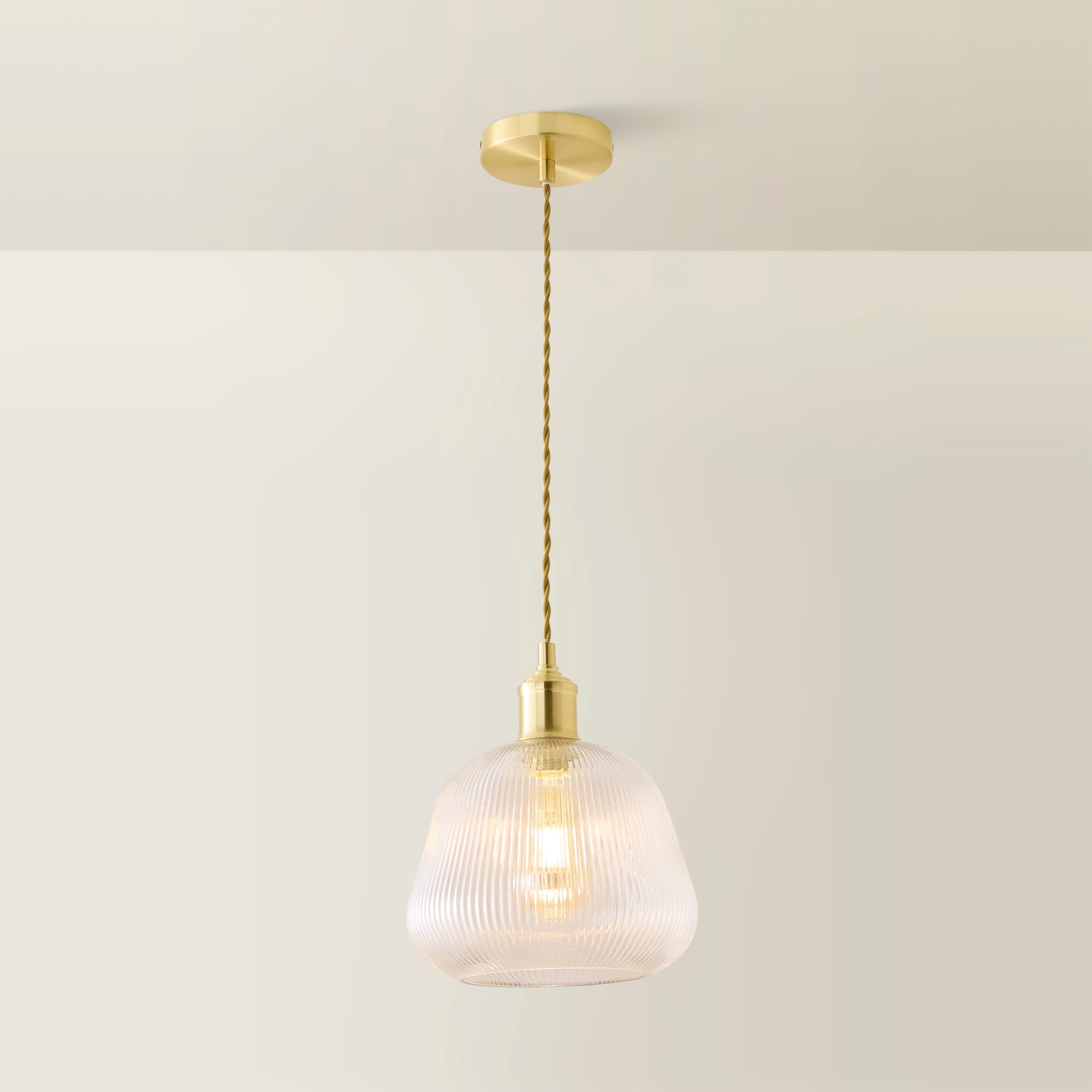 ValueLights | Delora Ribbed Bell Glass Shade Single Brushed Gold Ceiling Light | Mains Wired
