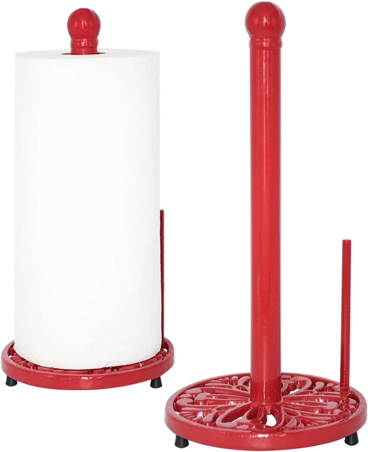 Paper Towel Holder Stand, Cast Iron Kitchen Paper Towel Countertop Vintage Stand with Weighted-Base, Bathroom Organization for Family Standard Large Size Roll Paper, Mistletoe Base, Red