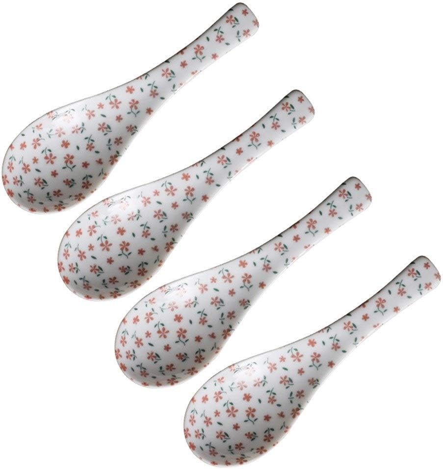 Scoop Ceramic Soup Spoon Small Flower Rice Spoons Asia Soup Spoon ，5.4 Inch，4 Pack Soup Spoon (Color : B)
