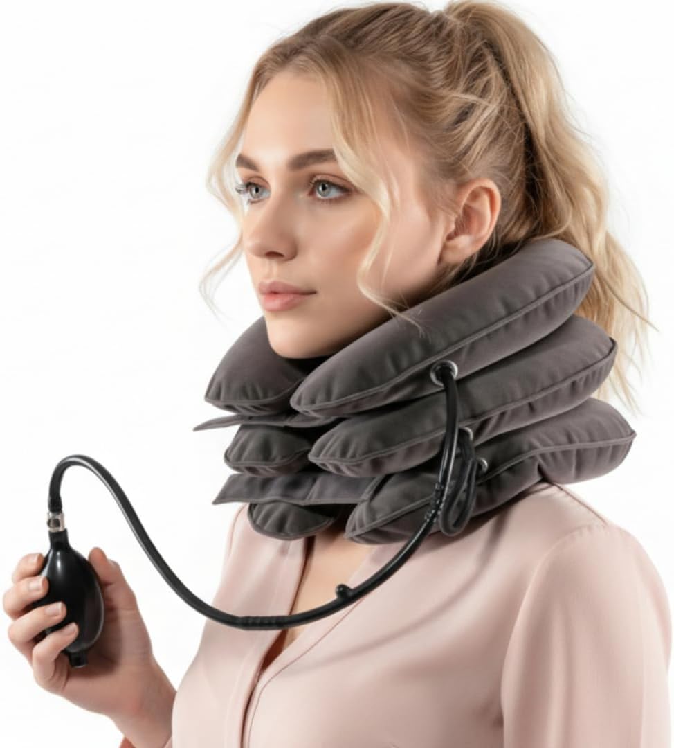Inflatable Cervical Neck Traction Device โ 3 Layer Adjustable Neck Stretcher Air Pillow Brace for Spine alignment & Shoulder neck Pain Relief, Muscle Strain Support โ One Size Fits All