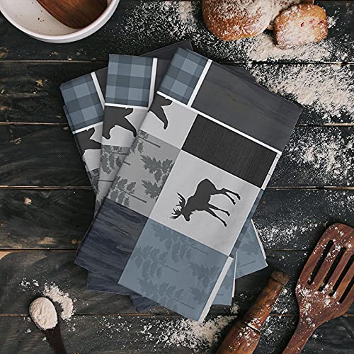 Bear Moose Kitchen Towels 2 Pack, Cabin Dish Towels For Kitchen, Retro Forest Rustic Animal Absorbent Microfiber Hand Towels For Bathroom, Blue Plaid Soft Tea Towels Bar Towels, 18 X 28 Inch #TOP1