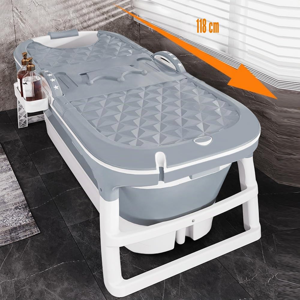 Bañera plegable para adultos, baño polar al aire libre, 118 x 60 x 53 cm, portátil, plegable, con tapa y rodillos de masaje, cesta de jabón, para baño y ducha, (Gris)