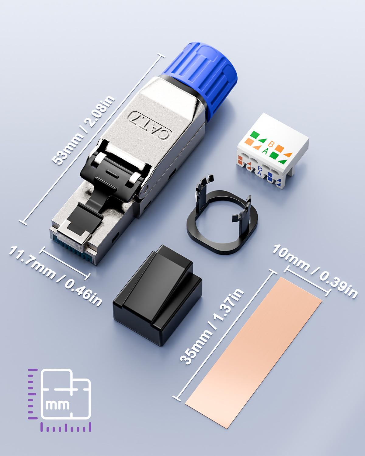 An image showing the components of the VCELINK RJ45 Toolless Cat7 Connector, including the main connector body, wire organizer, retaining ring, dust cover, and a copper foil strip, with dimensions indicated.
