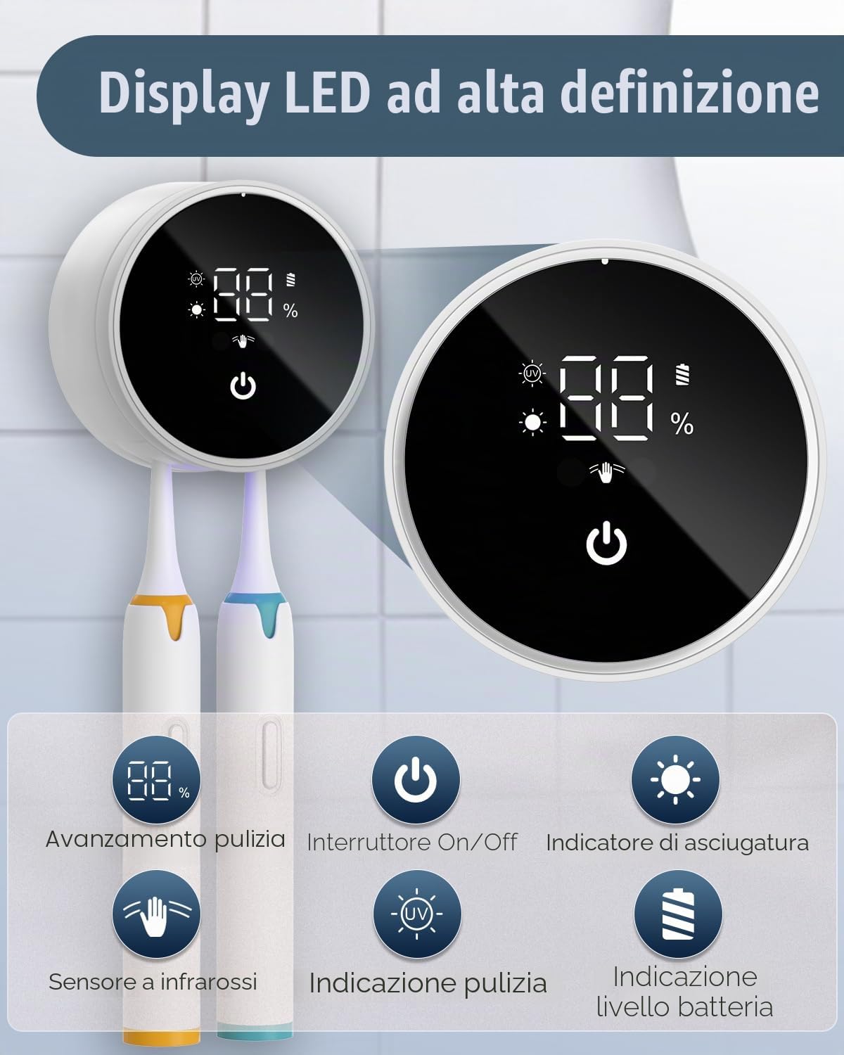 portaspazzolino igienizzante UV, supporto per spazzolino da denti a parete per bagno, schermo LED intelligente, custodia per spazzolino da denti con sanificazione UV integrata e asciugatura