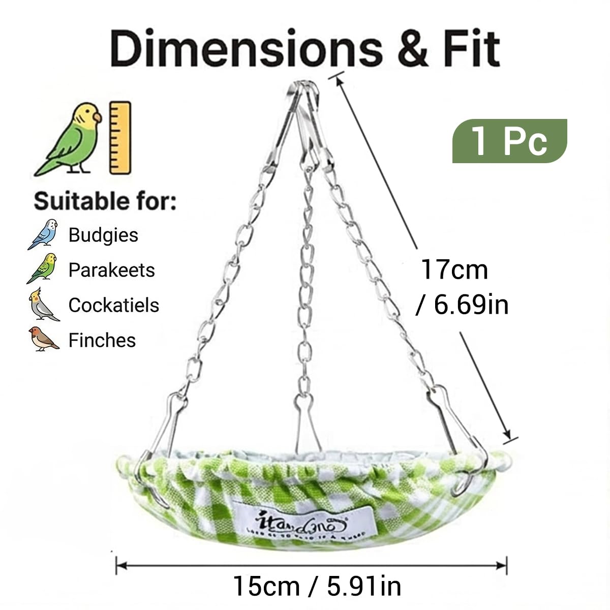 Nid d'oiseau pour perruche - Imperméable - Niche de couchage pour perruche - Accessoire de cage - Nid lavable pour perruches - Inséparable - Stable avec chaîne - Vert - Diamètre : 15 cm