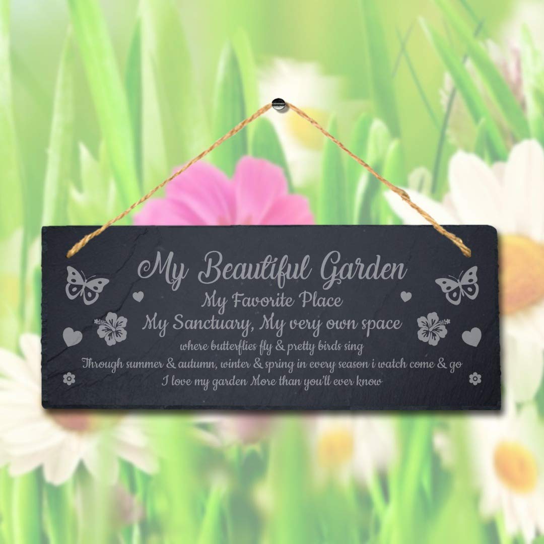 Stukk Natural Engraved Slate Stone Plaque My Beautiful Garden My Favorite Place Laser Hanging Sign, 30X12cm