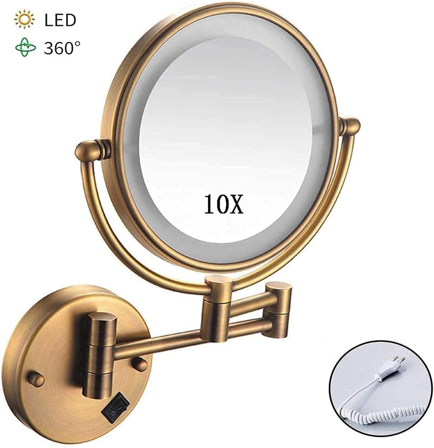 Wall Mount Makeup Mirror, 10x Magnification Cosmetic Mirror with Lights Led, Double Sided Mirror Bathroom Mirror 360 Rotation