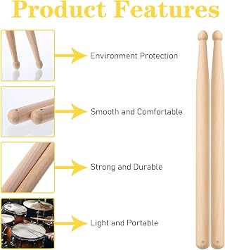 2 Pairs Drum Sticks 5A, 25cm Drumsticks for Drums