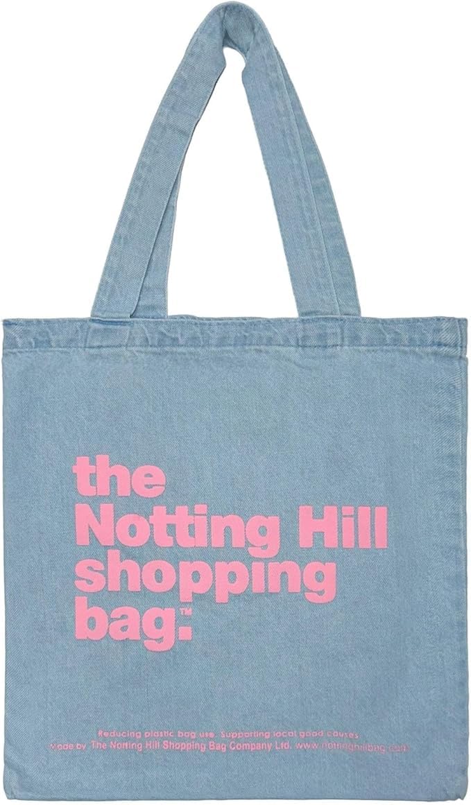 Notting Hill Oversized Light Blue Denim Tote Bag – XL Reusable Canvas Shopping Bag with Pink Logo, Large Cotton Shoulder Bag Women, Groceries & Weekend