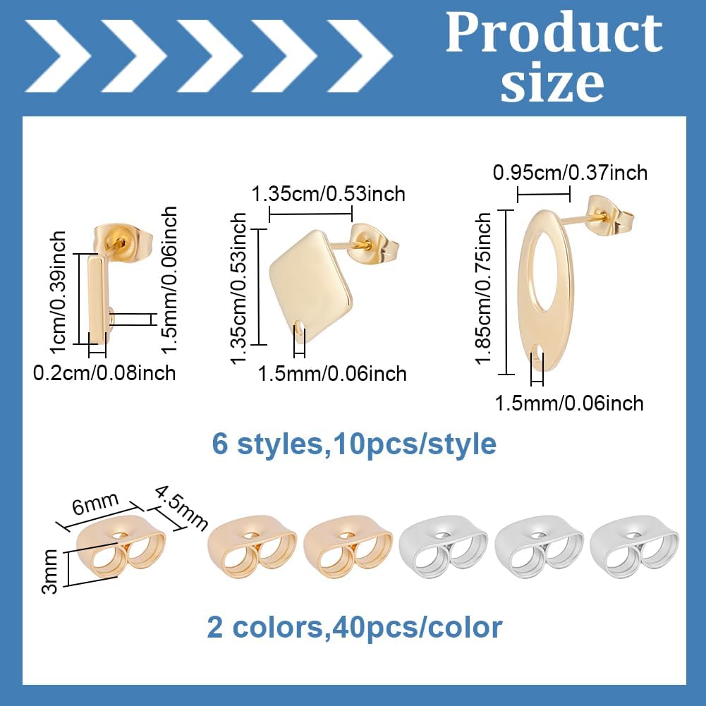 60Pcs Stud Earring Findings 6 Style Stainless Steel Earring Post with Loop 80Pcs Backs Gold Silver Ear Stud for Women DIY Jewelry Making Accessories Oval Rhombus Rectangle - Image 2