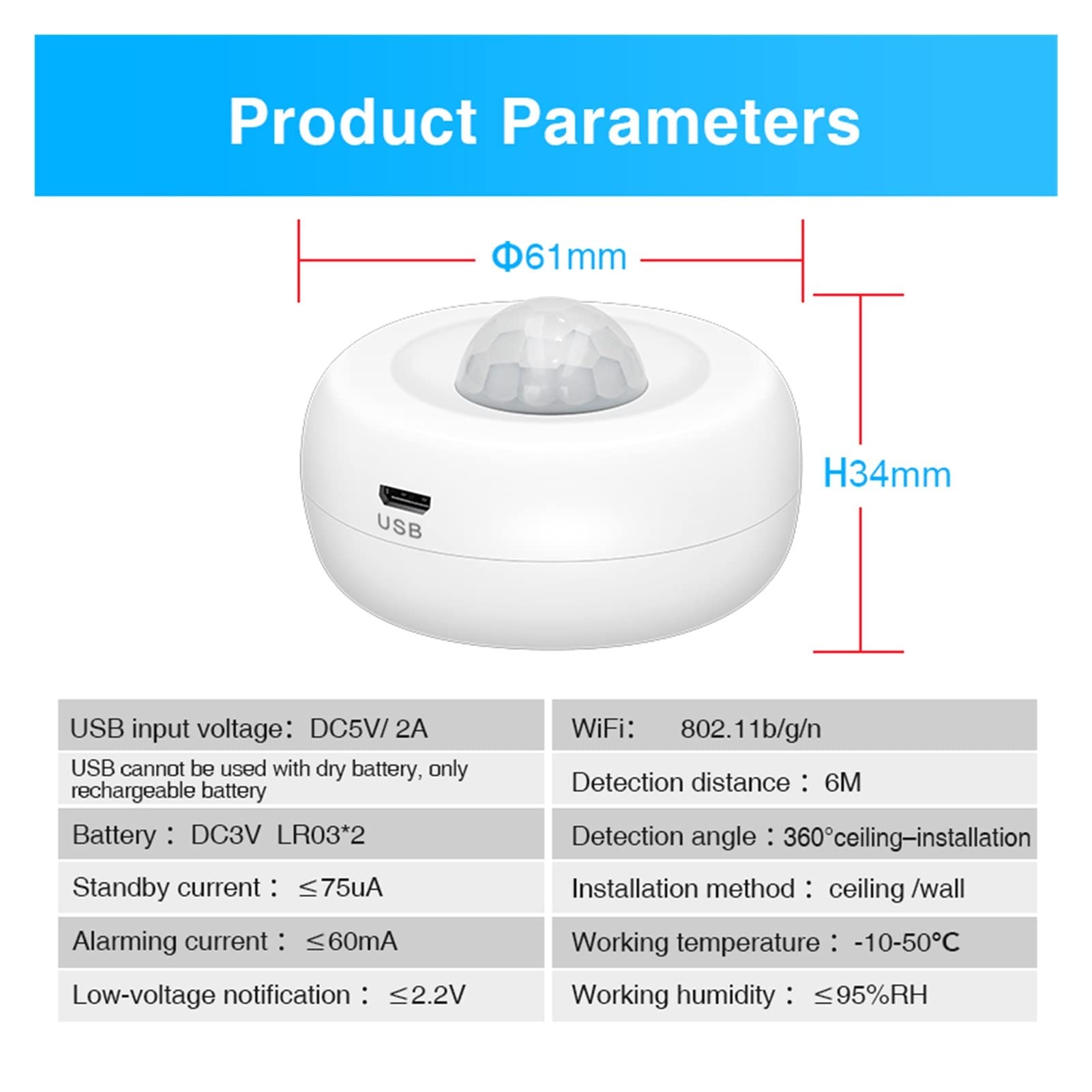 Tuya WiFi Sensor de Movimiento Detector de Infrarrojos de Techo Pir Sistema de Alarma antirrobo del Movimiento del Movimiento del Cuerpo Humano(B 15000MAH)