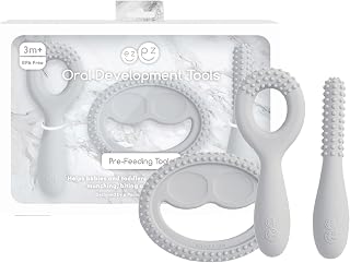 ezpz Oral Development Tools 3 Pack Pewter - Silicone Loop, Smile & Stick for Baby Chewing, Solids & Baby-Led Weaning 3 Months+