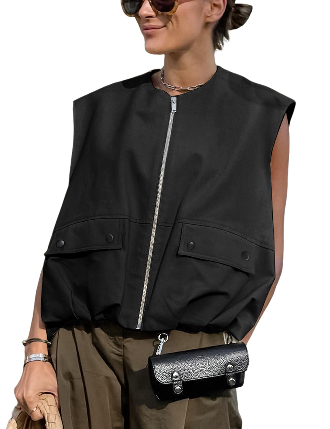Women’s Oversized Zip Up Cargo Vest Casual Ruched Hem Sleeveless Blazer Jackets Vest Top with Pockets-image-42