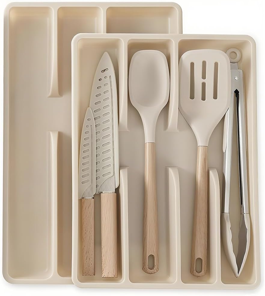 In-Drawer Kitchen Knife Set, 9 Pieces Space-Saving Knife Block Set with 2 Kitchen Drawer Organizers, 2 Blade Guards, Stainless Steel Knife Set and Large Cooking Utensil, Cutlery and Kitchen Organizer