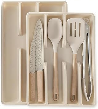 In-Drawer Kitchen Knife Set, 9 Pieces Space-Saving Knife Block Set with 2 Kitchen Drawer Organizers, 2 Blade Guards, Stainless Steel Knife Set and Large Cooking Utensil, Cutlery and Kitchen Organizer