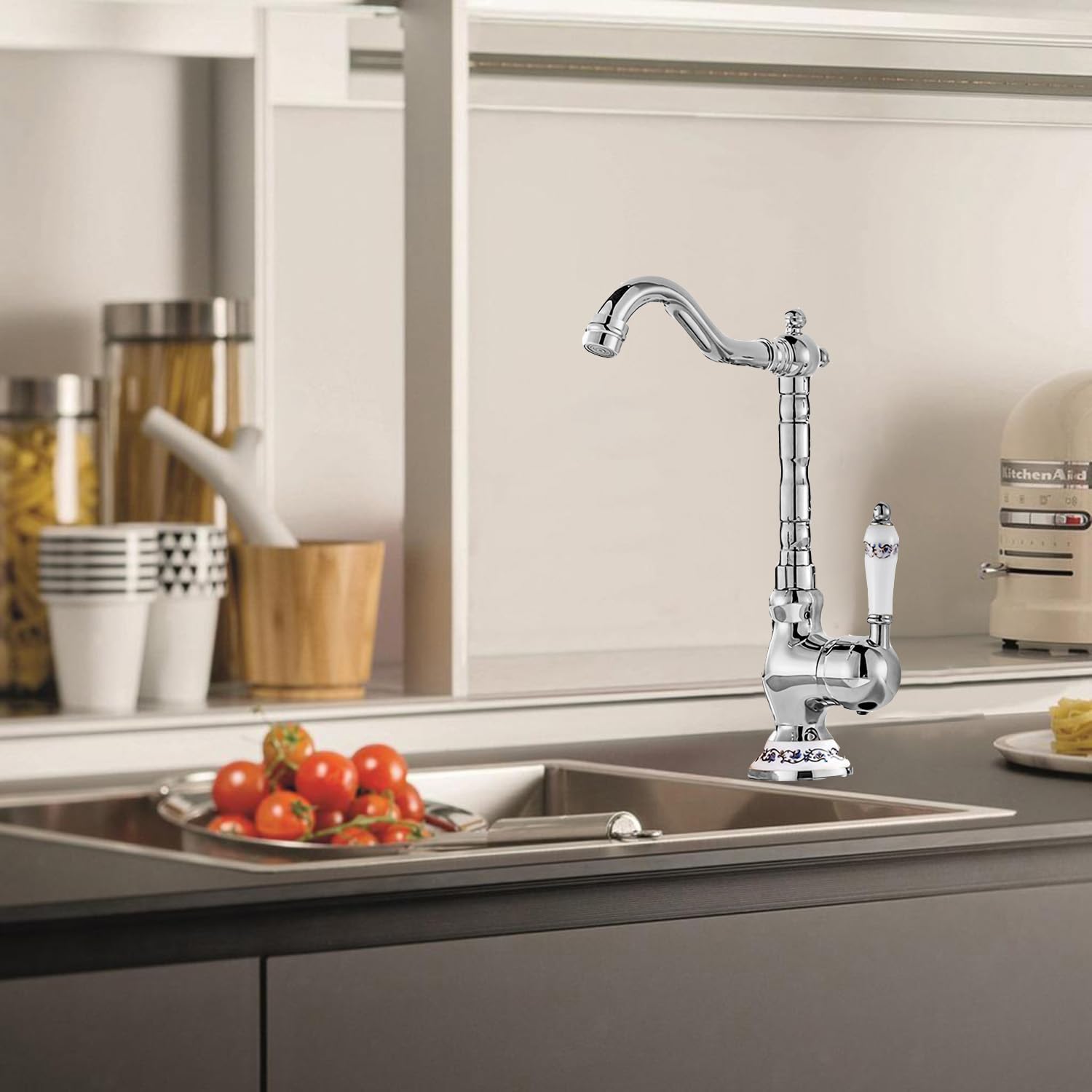 Grifo de cocina retro cromado Grifería de lavabo de latón Mezclador monomando para fregadero de cocina Giratorio 360° Grifo de baño vintage con manija de cerámica