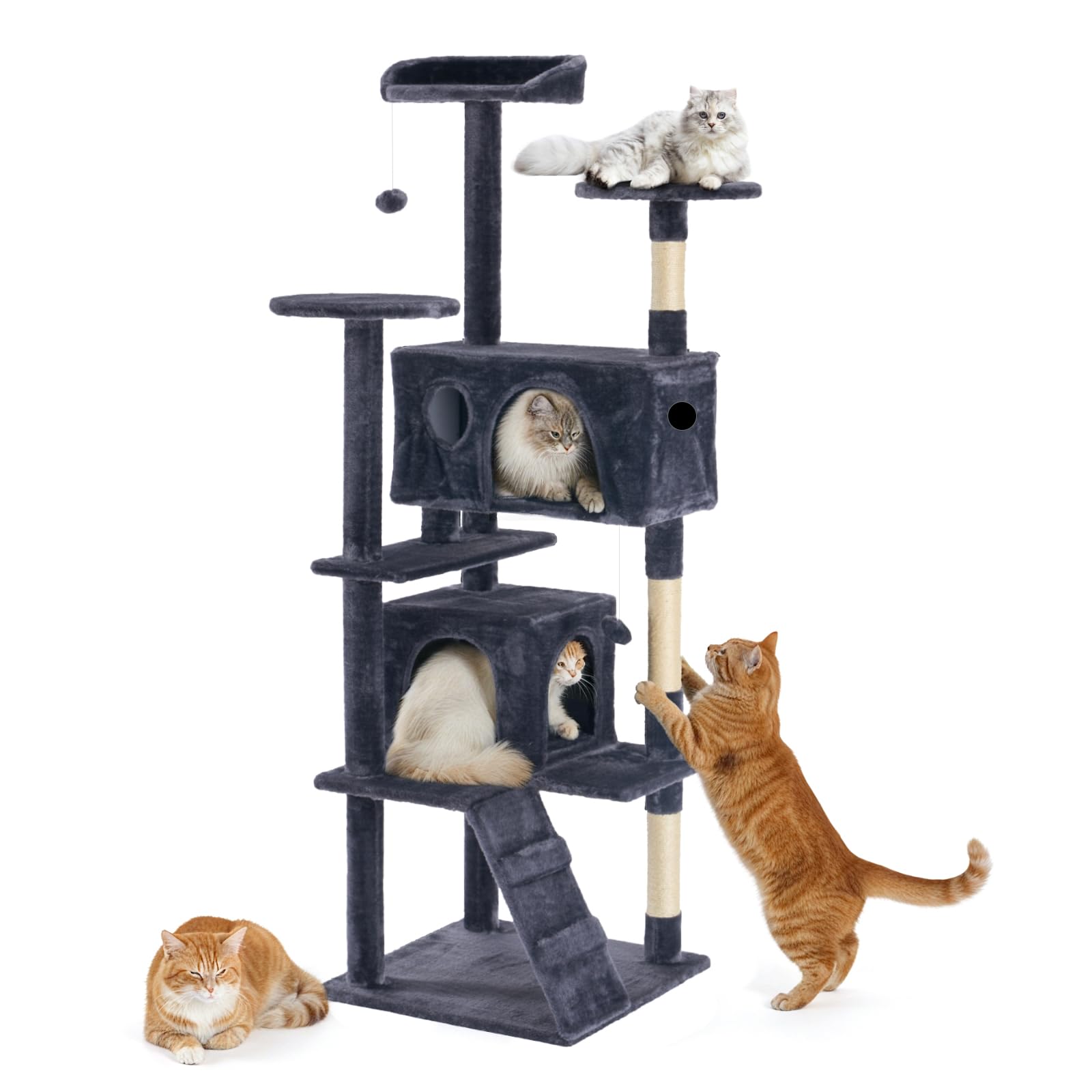 Sweetcrispy 62 Inch Cat Tree Tower, Multi-Level with Cat Scratching Post, Indoor Cat Condo with Climbing Ladder, Plush Toy, Play House for Cat, Dark Grey
