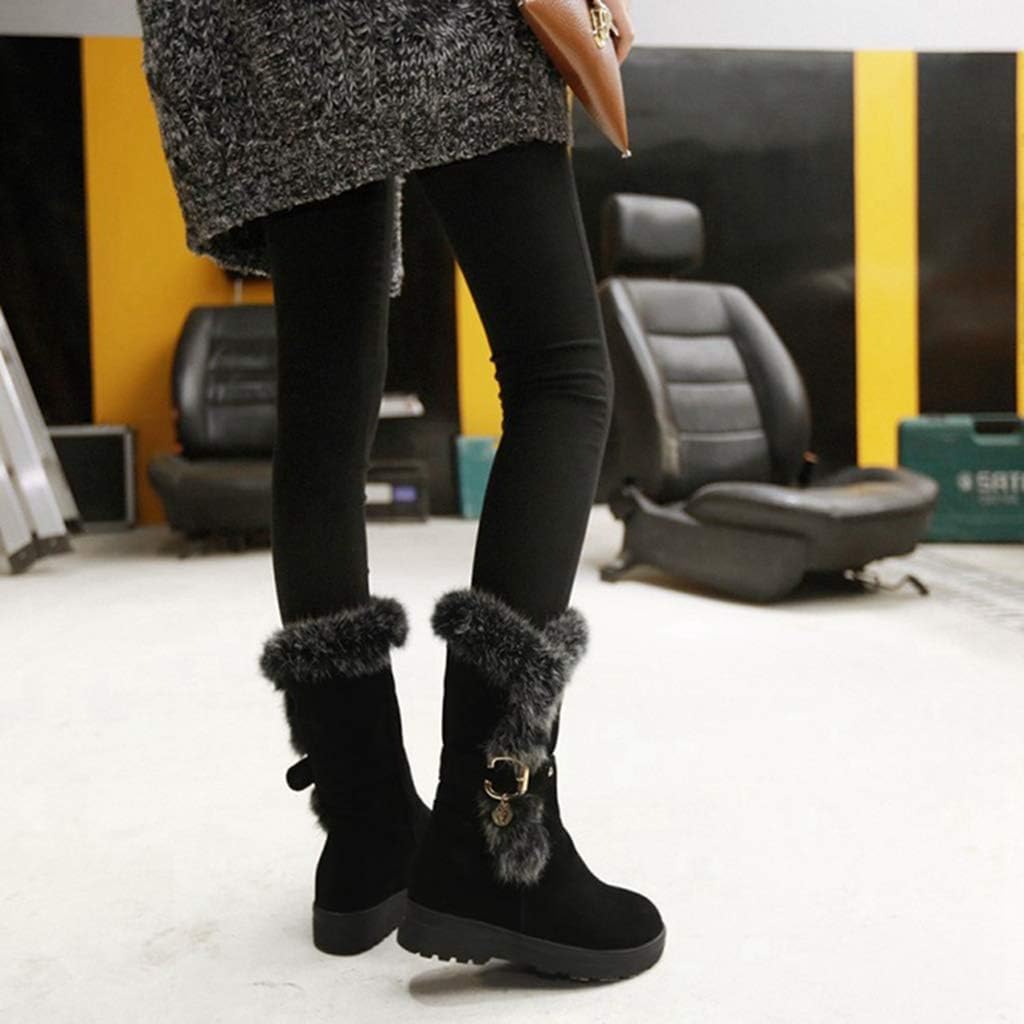MIOKE Women's Winter Fur Snow Boots Waterproof Mid Calf Suede Buckle Slip On Platform Wide Warm Snow Boot