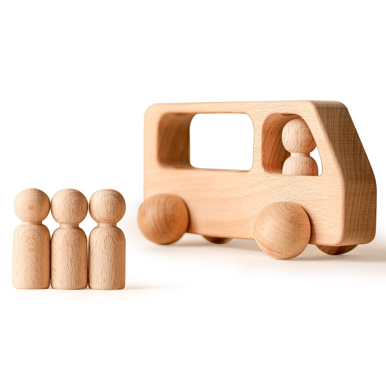WOODEN TEETHER DIY Natural Wooden Bus Set with 4 Peg People - Paintable Imaginative Toy for Toddlers Montessori-Inspired STEM Learning & Parent-Child Bonding