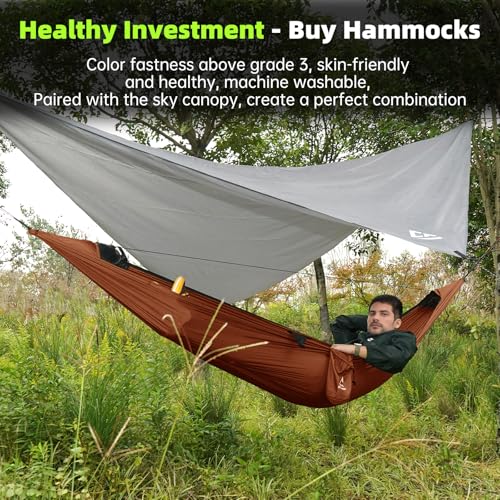 Image of Camping Hammock with Mosquito Net - Portable Parachute Nylon Hammock Tent with Tree Straps, Camp Rope & Stake - for Hiking, Backpacking, Travel, Backyard, Beach - Holds Up to 500lbs (Orange)